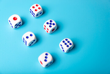 cubes with numbers on a blue background. dice - obrazy, fototapety, plakaty