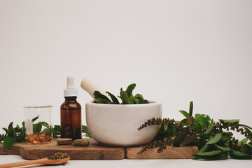 herbal medicine with pestle and mortar.capsule, oil, and tablet form with fresh herbal. Health and wellness concept - obrazy, fototapety, plakaty