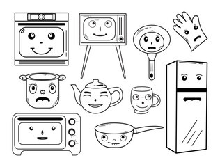 Kawaii or Doodle Collection, Home Appliances decorated with Facial Expression Emoticons