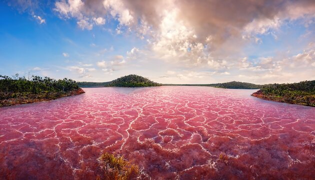 An Illustration Of Lake Hillier In Australia, High Salinity Water, Microalgae ‘Dunaliella Salina’.