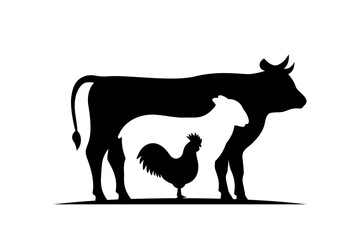 Farm animal silhouettes. Cow, Sheep, Rooster black silhouettes. Vector illustration. Farm animals character set