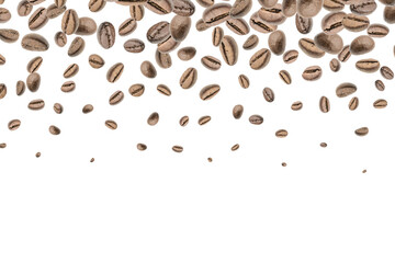 Coffee beans flying background. Black espresso grain falling on white. Rustic coffee bean fall isolated. Represent breakfast, energy, freshness or great aroma concept.
