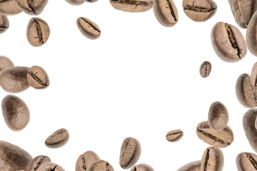 Coffee falling bean background. Black espresso coffee bean flying on white. Aromatic grain fall...