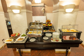Breakfast served on a buffet table
