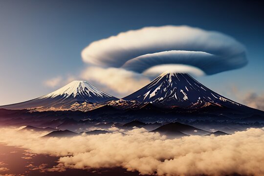 An Illustration of Lenticular Clouds in Japan, Mount Fuji.