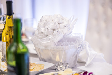 glass of champagne and cake on table