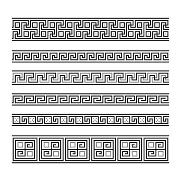 Greek key ornaments collection. Meander pattern set. Repeating geometric meandros motif. Greek fret design. Ancient decorative border. Vector
