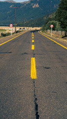 Foto vertical de un camino carretera de asfalto con líneas amarillas, letreros rojos, campo y...