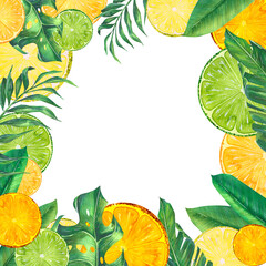 Obraz premium Citrus fruits, pieces of lemon, lime, orange, clementine with tropical palm leaves. Watercolor illustration, square frame. For decoration and design of menus, bars, cafes, invitations, postcards.