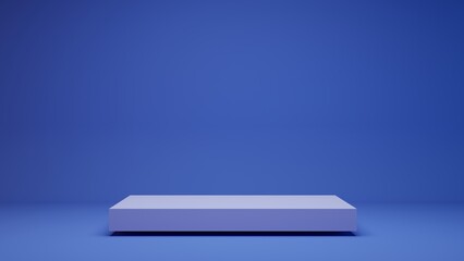 A square podium for various objects on a blue background in the studio. 3D render.