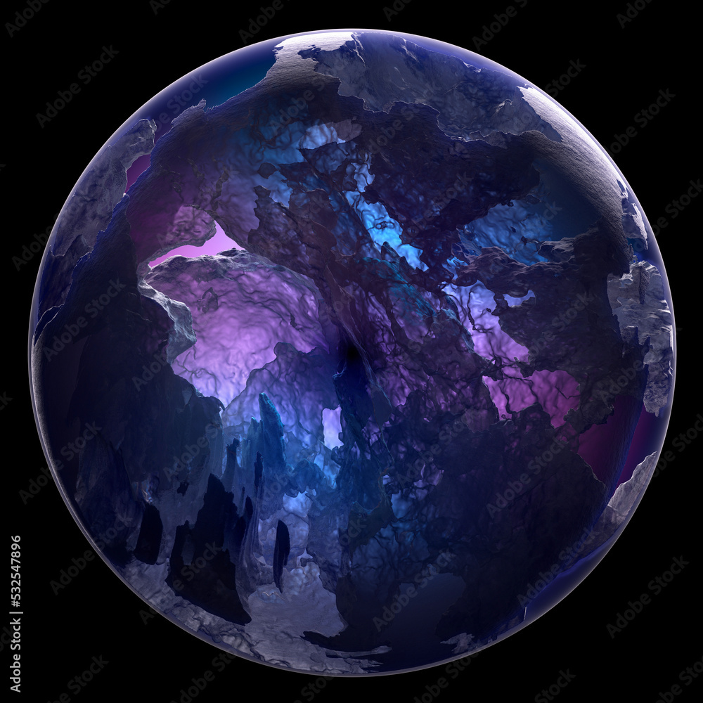 Wall mural 3d render of abstract art 3d glass ball or sphere planet with translucent rough rock surface with bi