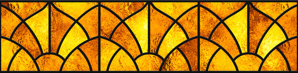  Gold stained glass window. Seamless yellow pattern for modern design luxury interior. Art Nouveau abstract stained-glass background. Golden architectural decor. Transparency.