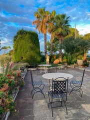 View of the patio with tables and chairs