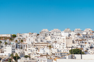 Panoramic view of the beautiful white houses of Vejer de la Frontera, Cadiz. Andalusia