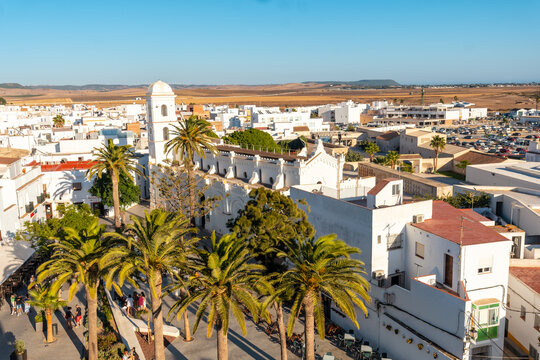 View of the Church of Santa Catalina from the Torre de Guzman in Conil de la Frontera, Cadiz. Andalusia