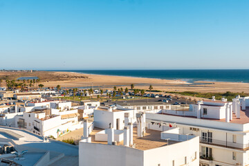 Fototapeta premium Aerial view of the Bateles beach in Conil de la Frontera from the Torre de Guzman, Cadiz. Andalusia