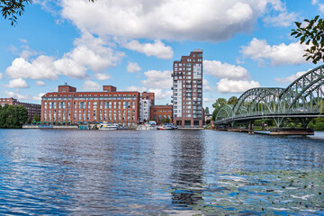 River Havel with the bridge Eiswerderbruecke and the street Frieda Arnheim Promenade in Berlin, Germany