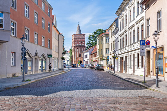 Rathenower street with the Rathenower watchtower in Brandenburg an der Havel, Germany