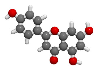 Apigenin yellow herbal dye molecule, 3D rendering.