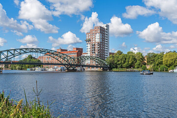 River Havel with the bridge Eiswerderbruecke and the street Frieda Arnheim Promenade in Berlin, Germany