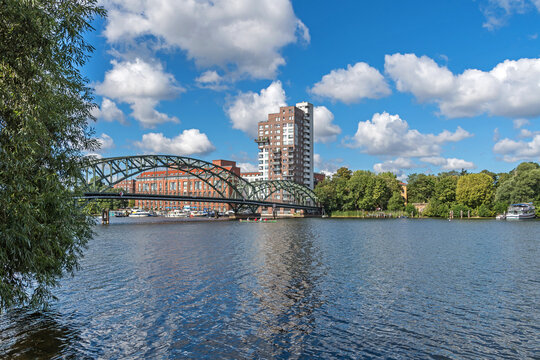 River Havel with the bridge Eiswerderbruecke and the street Frieda Arnheim Promenade in Berlin, Germany