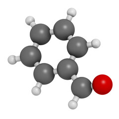 Benzaldehyde bitter almond odor molecule, 3D rendering.