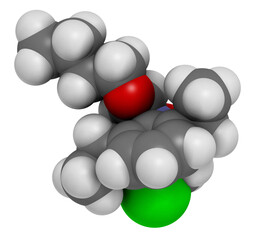 Butachlor herbicide molecule, 3D rendering.