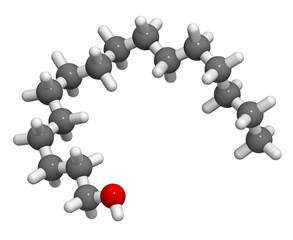 Cetyl (or palmityl) alcohol molecule. Constituent of cetostearyl alcohol (cetearyl alcohol, cetylstearyl alcohol), 3D rendering.