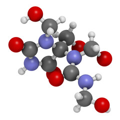 Diazolidinyl urea antimicrobial preservative molecule (formaldehyde releaser), 3D rendering.