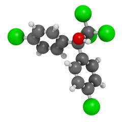 Dicofol organochlorine pesticide molecule, 3D rendering.