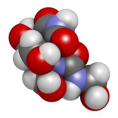 Diazolidinyl urea antimicrobial preservative molecule (formaldehyde releaser), 3D rendering.
