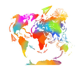 World map colorful silhouette with arrows abstraction. Vector illustration