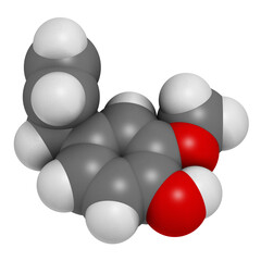 Eugenol herbal essential oil molecule. Present in cloves, nutmeg, etc, 3D rendering.