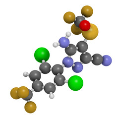 Fipronil insecticide molecule, 3D rendering.