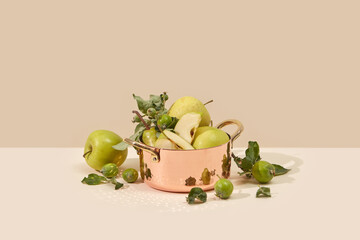 Embossed vintage copper pan with green apples.