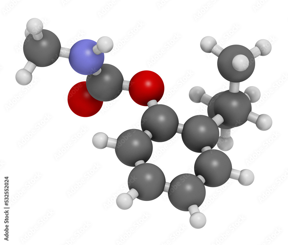 Sticker Isoprocarb insecticide molecule, 3D rendering.