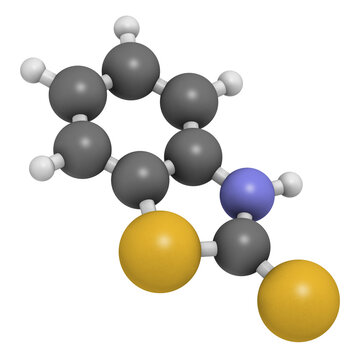 Mercaptobenzothiazole (MBT) skin sensitizer molecule. Used as rubber vulcanising agent, 3D rendering.