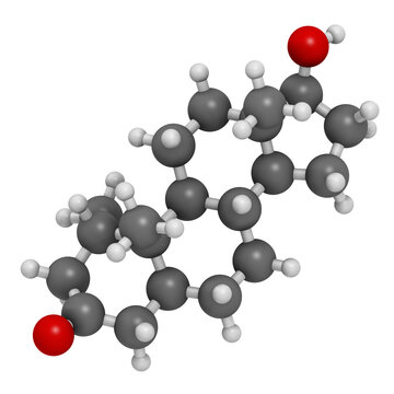 Mesterolone androgen molecule, 3D rendering.
