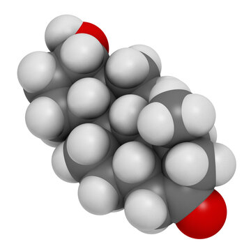 Mesterolone androgen molecule, 3D rendering.
