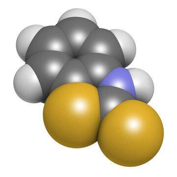 Mercaptobenzothiazole (MBT) skin sensitizer molecule. Used as rubber vulcanising agent, 3D rendering.