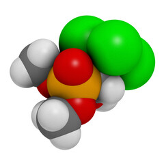 Metrifonate (trichlorfon) insecticide molecule, 3D rendering.
