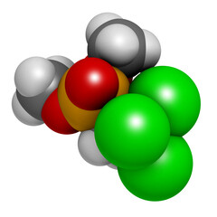 Metrifonate (trichlorfon) insecticide molecule, 3D rendering.