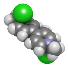 Paraquat herbicide molecule 3D rendering. Atoms are represented as spheres with conventional color coding: hydrogen (white), carbon (grey), nitrogen (blue).