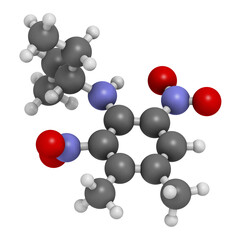 Pendimethalin herbicide molecule, 3D rendering.