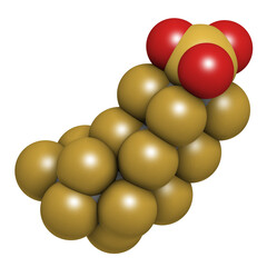 Perfluorooctanesulfonic acid (perfluorooctane sulfonate, PFOS) persistent organic pollutant molecule, 3D rendering.