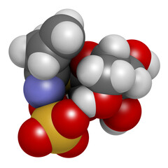 Sinigrin glucosinolate molecule. Present in some cruciferous vegetables (Brussels sprouts, broccoli, black mustard, etc), 3D rendering.