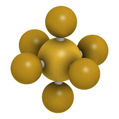 sulfur hexafluoride gas insulator molecule. Microbubbles are used as contrast agent for ultrasound imaging. Potent greenhouse gas, 3D rendering.