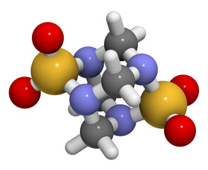 Tetramethylenedisulfotetramine (TETS) rodenticide molecule, 3D rendering.