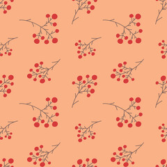 Seamless winter pattern with mountain ash twigs, winter berry,small red berries on beige background.