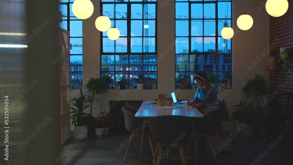 Aufkleber writing, strategy or business woman at night working with planning or innovation research for busine